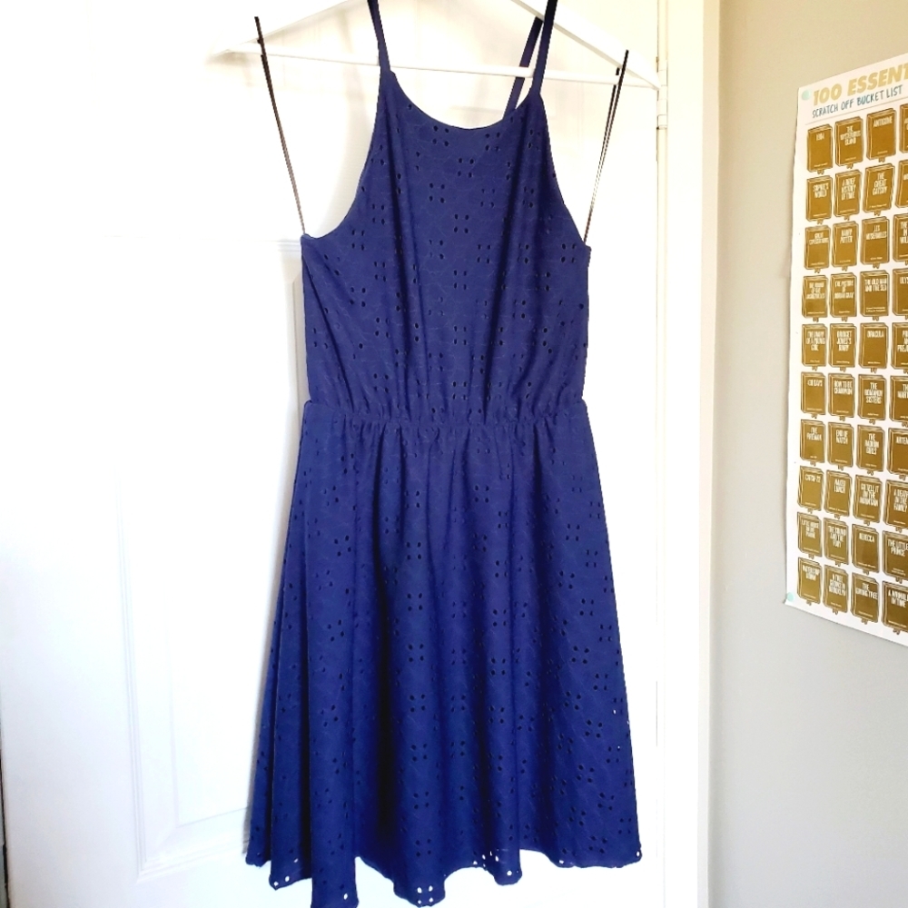 Navy eyelet criss-cross back dress